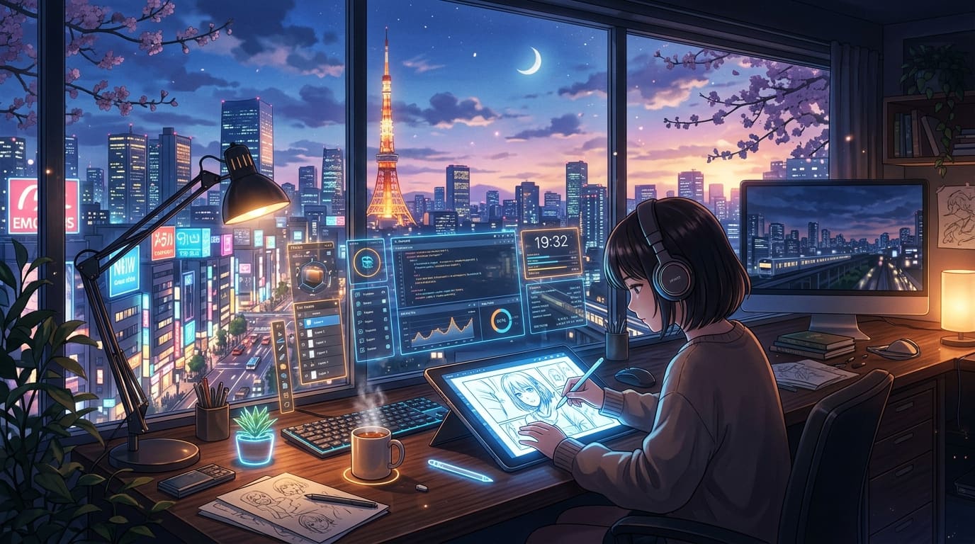 Zentrovix Anime Studio Cover — Studio workspace overlooking Tokyo twilight