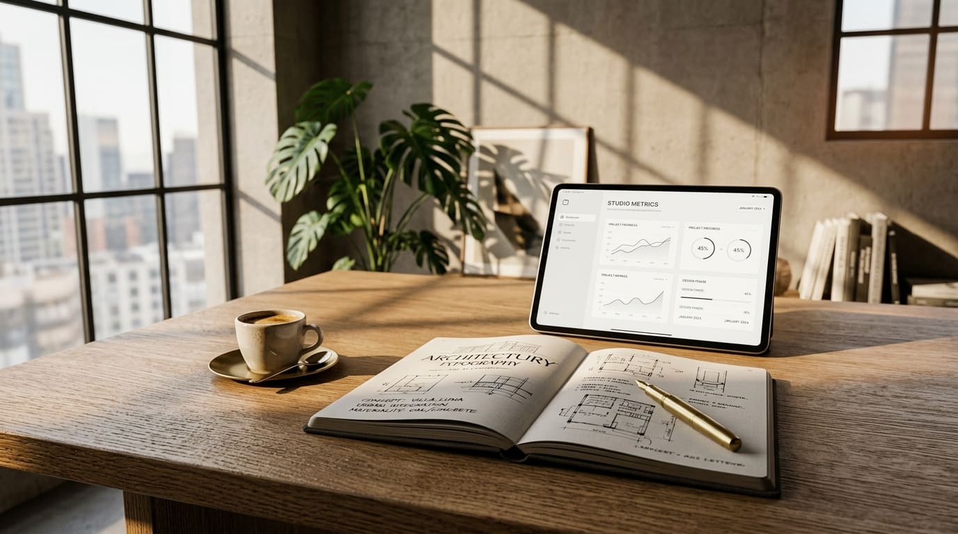 Zentrovix Journal Cover — Studio desk with field notes notebook, espresso, and design metrics