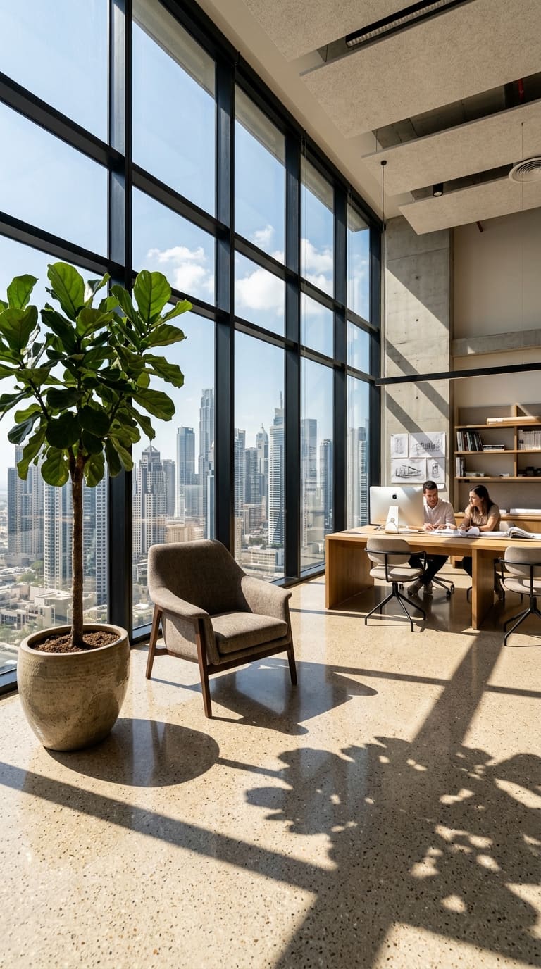 Architectural luxury design studio overlooking city skyline